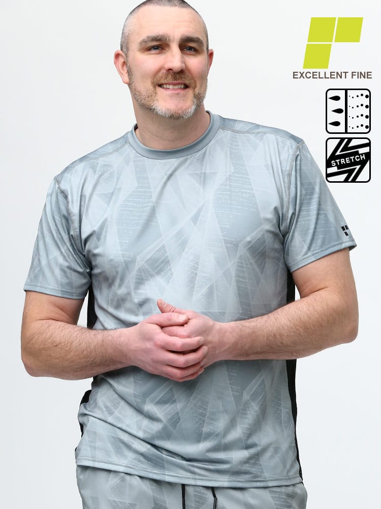 大きいサイズ メンズ EXCELLENT FINE (エクセレントファイン) ストレッチ UVカット ドライ 総柄 クルーネック 半袖 Tシャツ