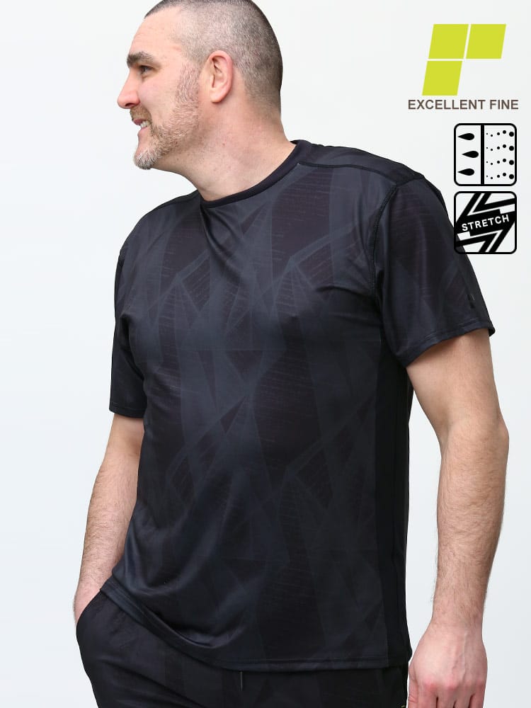 大きいサイズ メンズ EXCELLENT FINE (エクセレントファイン) ストレッチ UVカット ドライ 総柄 クルーネック 半袖 Tシャツ