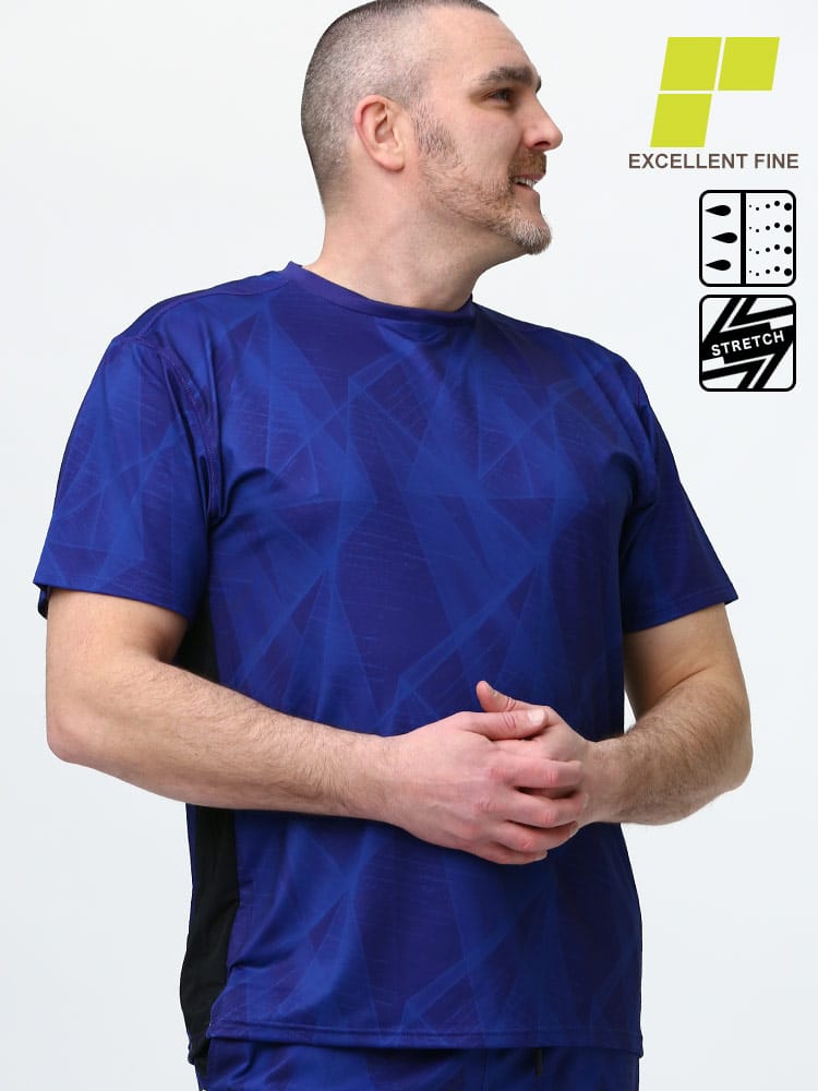 大きいサイズ メンズ EXCELLENT FINE (エクセレントファイン) ストレッチ UVカット ドライ 総柄 クルーネック 半袖 Tシャツ