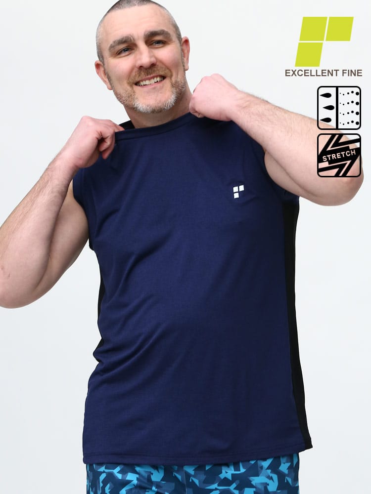 大きいサイズ メンズ EXCELLENT FINE (エクセレントファイン) ストレッチ UVカット ドライ ベア天竺 カチオン ノースリーブ Tシャツ