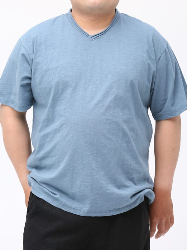 大きいサイズ メンズ B＆T CLUB (ビーアンドティークラブ) スラブ 天竺 無地 ロールVネック 半袖 Tシャツ