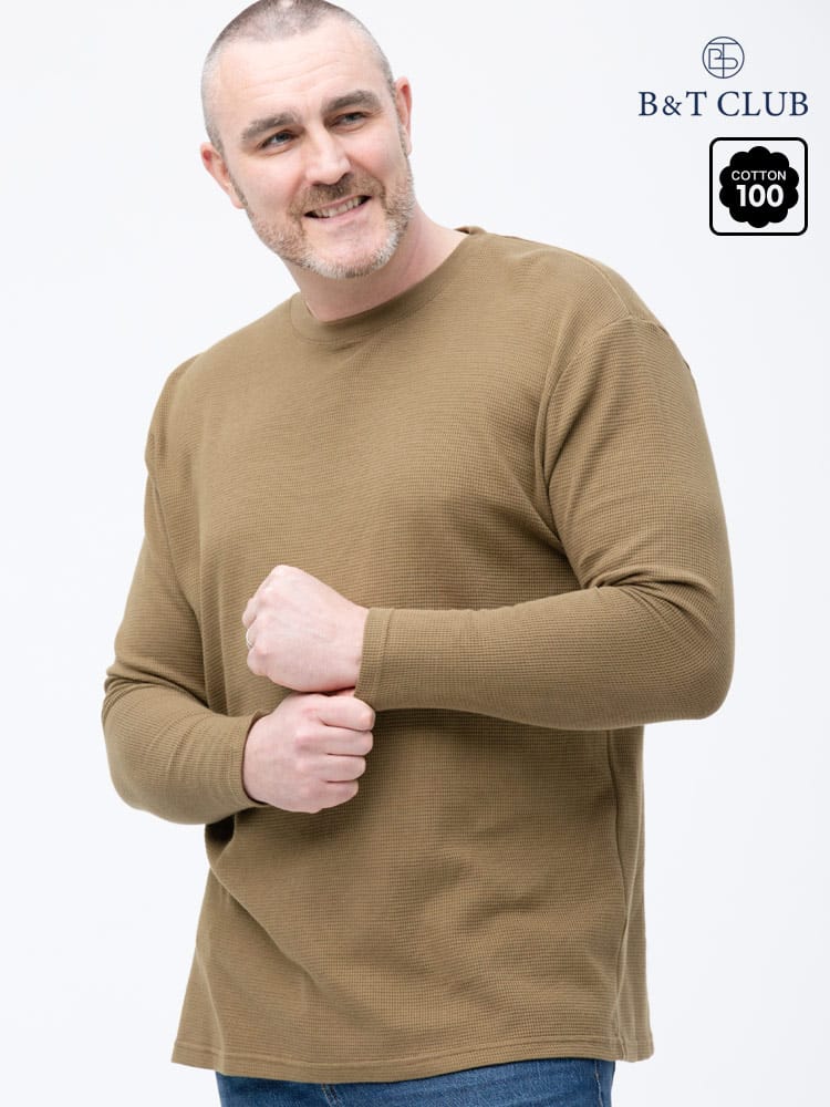 大きいサイズ メンズ B＆T CLUB (ビーアンドティークラブ) 綿100％ サーマル ワッフルTシャツ クルーネック 長袖 Tシャツ ロンT インナー