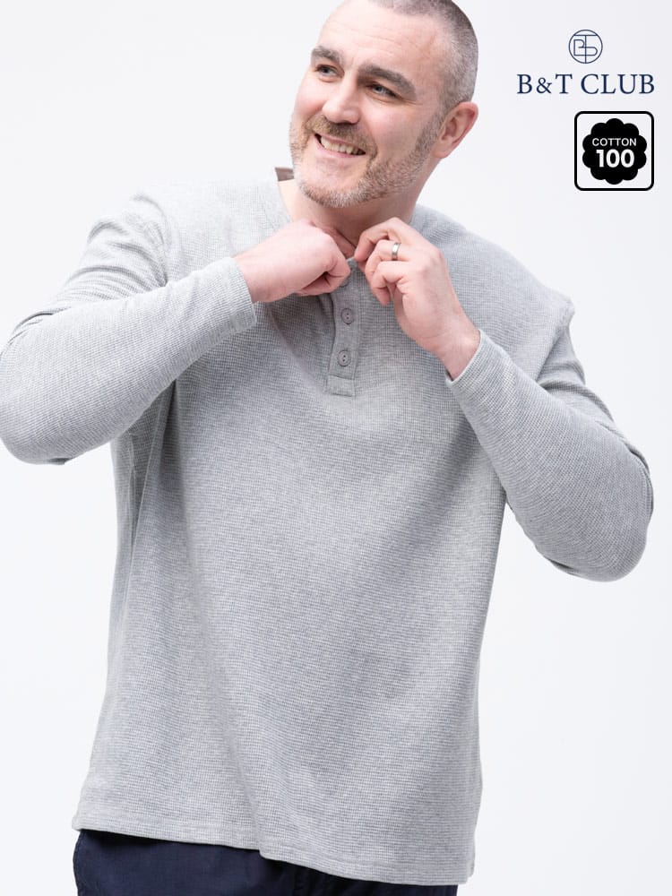 大きいサイズ メンズ B＆T CLUB (ビーアンドティークラブ) 綿100％ サーマル ワッフルTシャツ ヘンリーネック 長袖 Tシャツ ロンT インナー