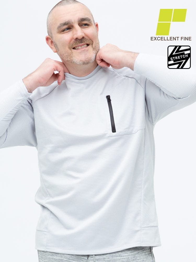 大きいサイズ メンズ EXCELLENT FINE (エクセレントファイン) ストレッチ UVカット 裏ブロックフリース ポケット クルーネック 長袖 Tシャツ ロンT
