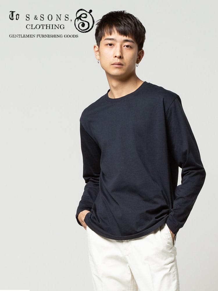 S＆SONS (エスアンドサンズ) 汗染み軽減 無地 クルーネック 長袖 Tシャツ