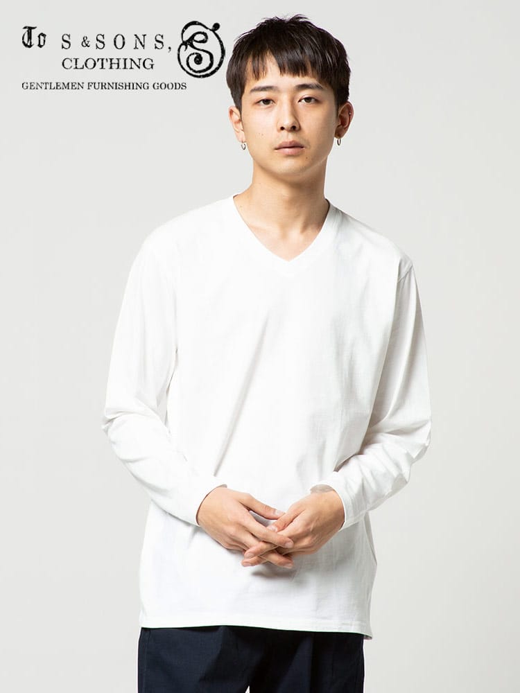 S＆SONS (エスアンドサンズ) 汗染み軽減 綿100％ 無地 Vネック 長袖 Tシャツ