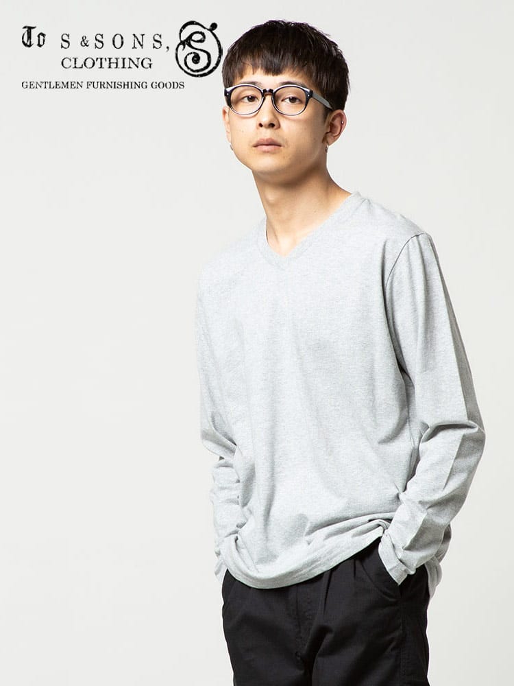 S＆SONS (エスアンドサンズ) 汗染み軽減 綿100％ 無地 Vネック 長袖 Tシャツ
