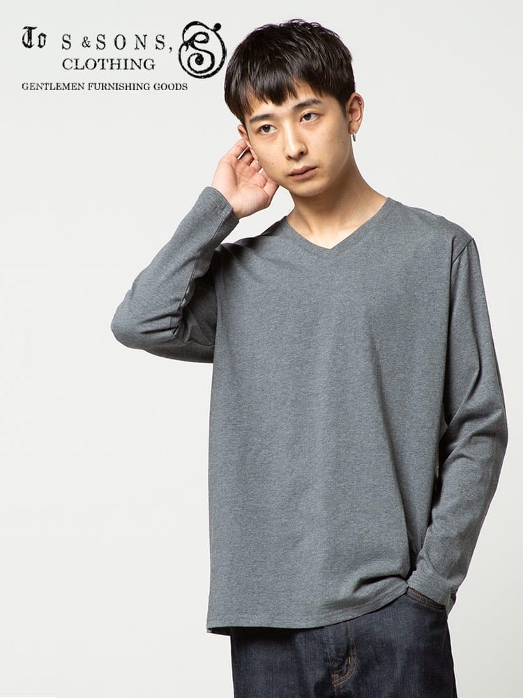 S＆SONS (エスアンドサンズ) 汗染み軽減 綿100％ 無地 Vネック 長袖 Tシャツ