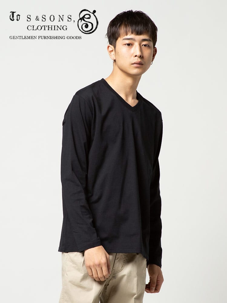 S＆SONS (エスアンドサンズ) 汗染み軽減 綿100％ 無地 Vネック 長袖 Tシャツ