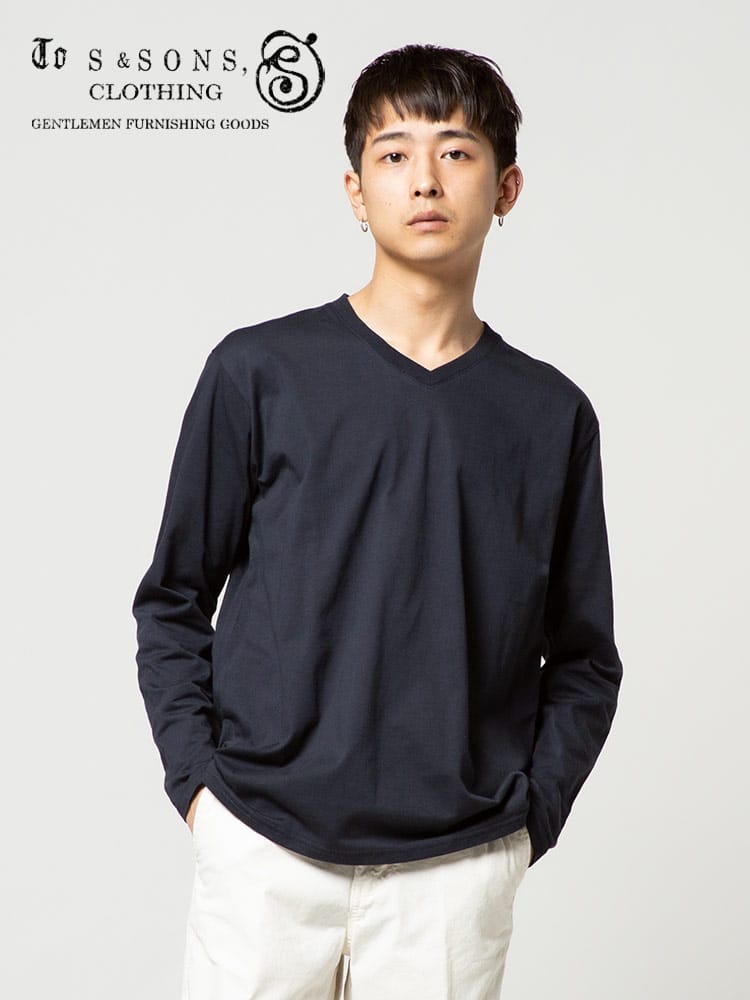 S＆SONS (エスアンドサンズ) 汗染み軽減 綿100％ 無地 Vネック 長袖 Tシャツ