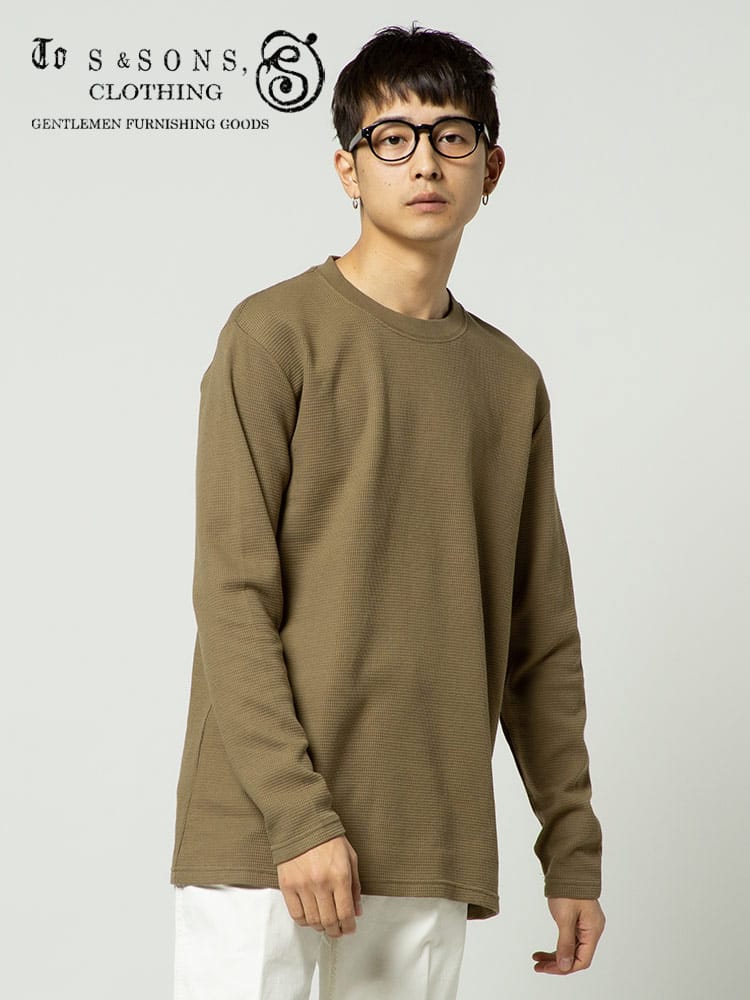 S＆SONS (エスアンドサンズ) 綿100％ ワッフル クルーネック 長袖 Tシャツ