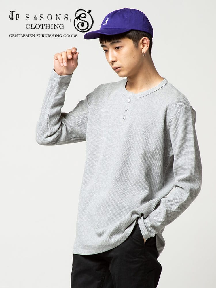 S＆SONS (エスアンドサンズ) 綿100％ ワッフル ヘンリーネック 長袖 Tシャツ