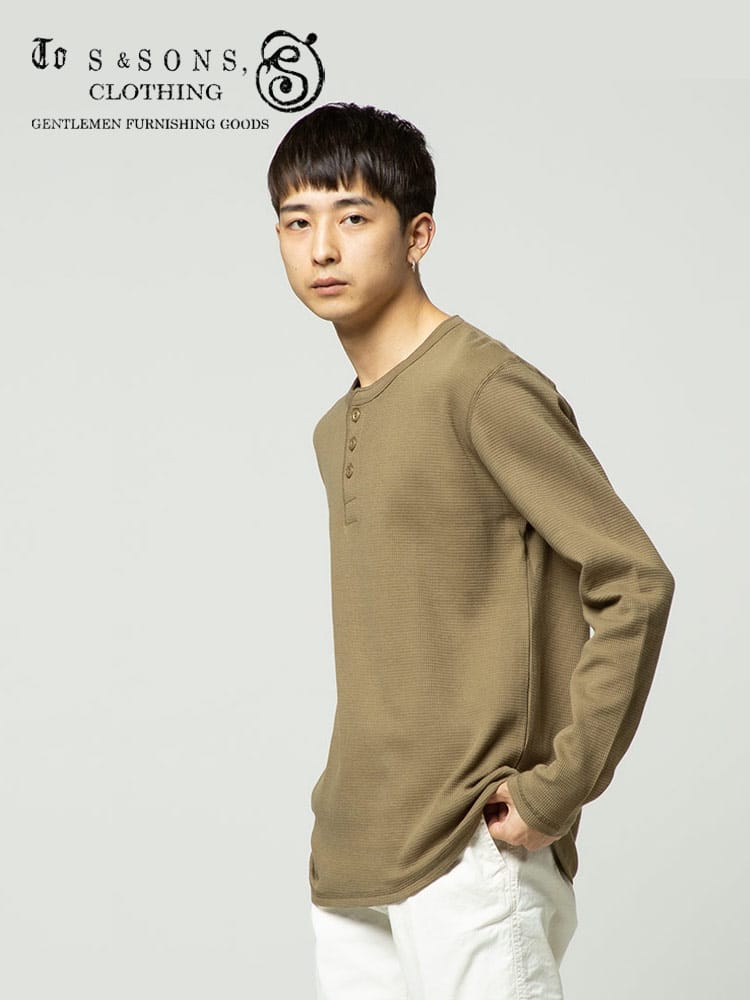 S＆SONS (エスアンドサンズ) 綿100％ ワッフル ヘンリーネック 長袖 Tシャツ