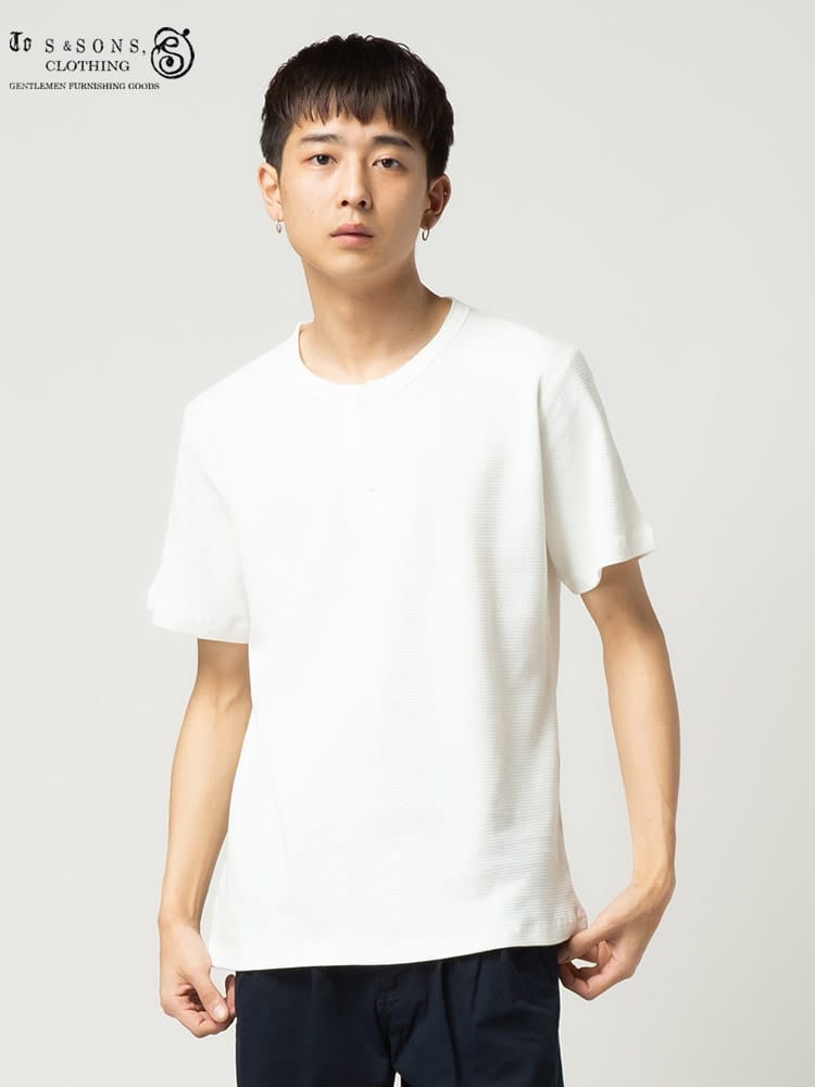 S＆SONS (エスアンドサンズ) ワッフル 無地 ヘンリーネック 半袖 Tシャツ