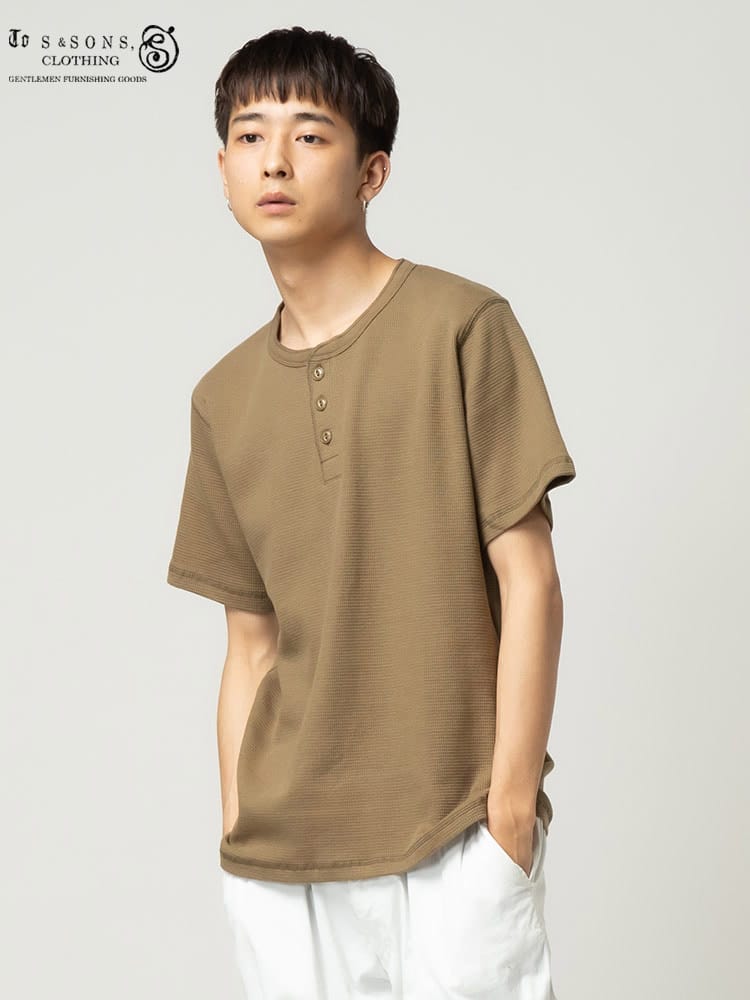 S＆SONS (エスアンドサンズ) ワッフル 無地 ヘンリーネック 半袖 Tシャツ