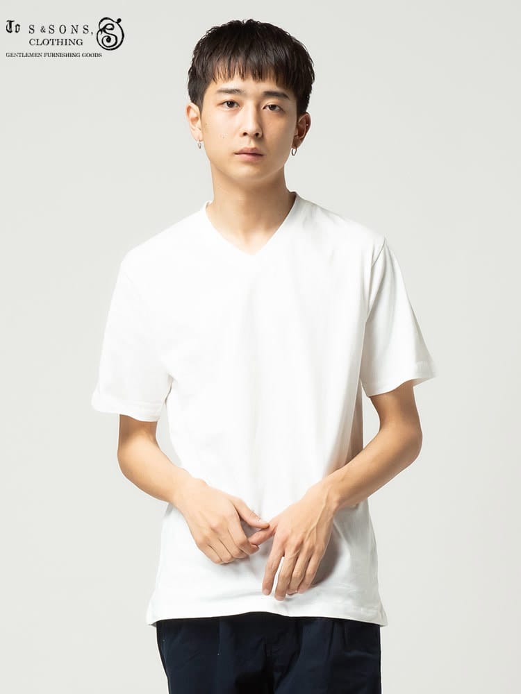 S＆SONS (エスアンドサンズ) 汗染み軽減 無地 Vネック 半袖 Tシャツ