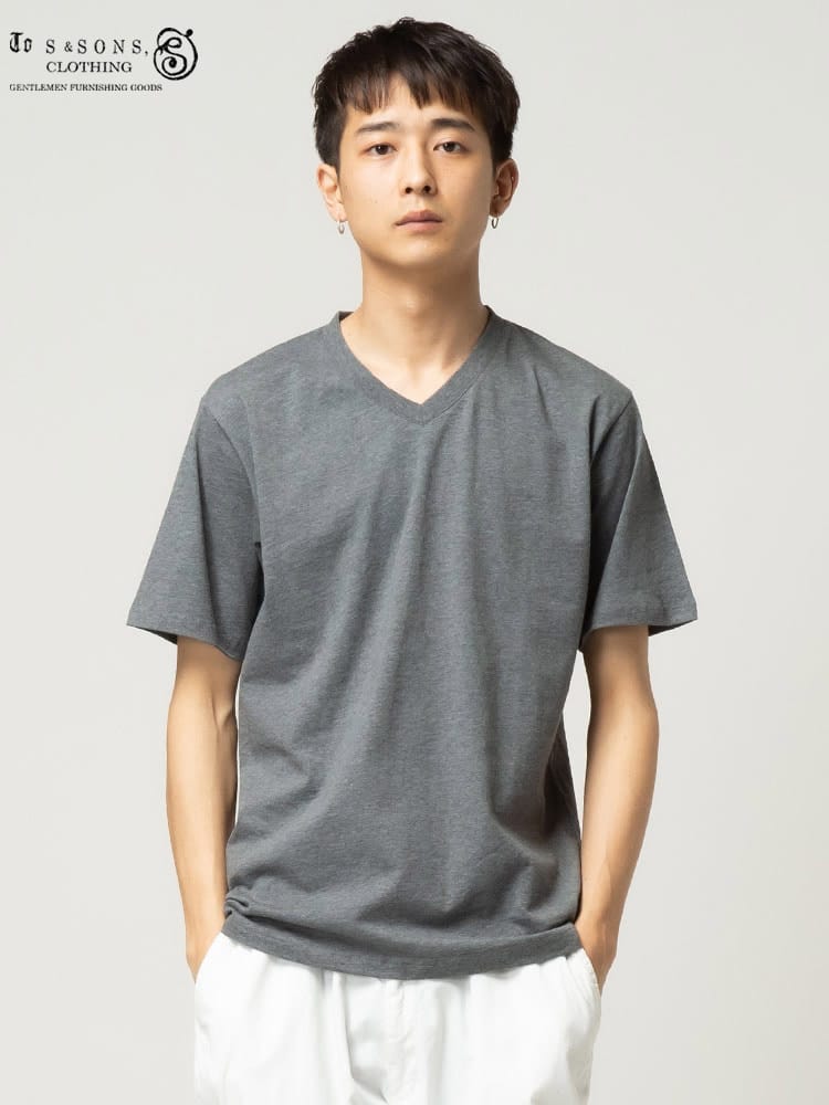 S＆SONS (エスアンドサンズ) 汗染み軽減 無地 Vネック 半袖 Tシャツ