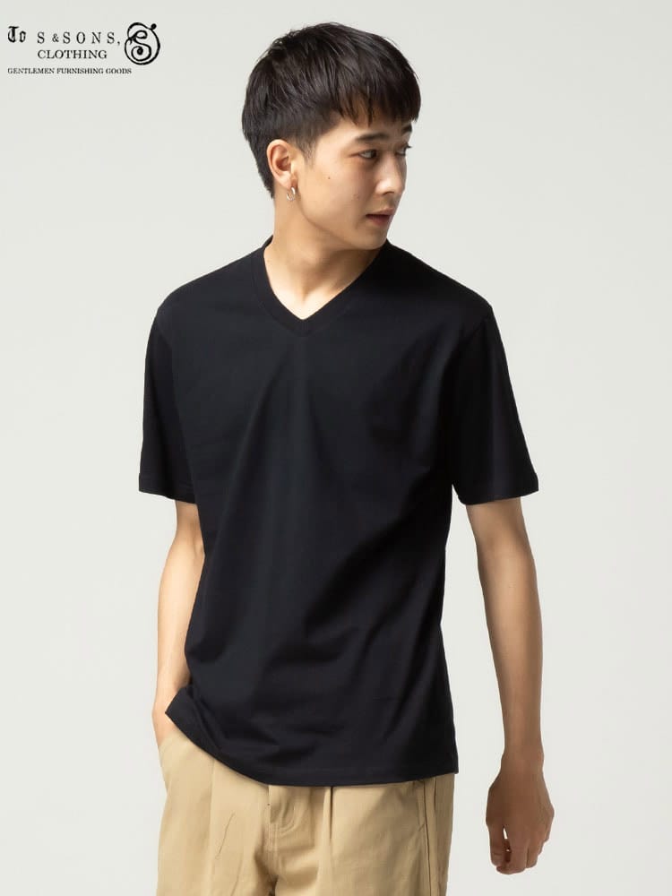 S＆SONS (エスアンドサンズ) 汗染み軽減 無地 Vネック 半袖 Tシャツ