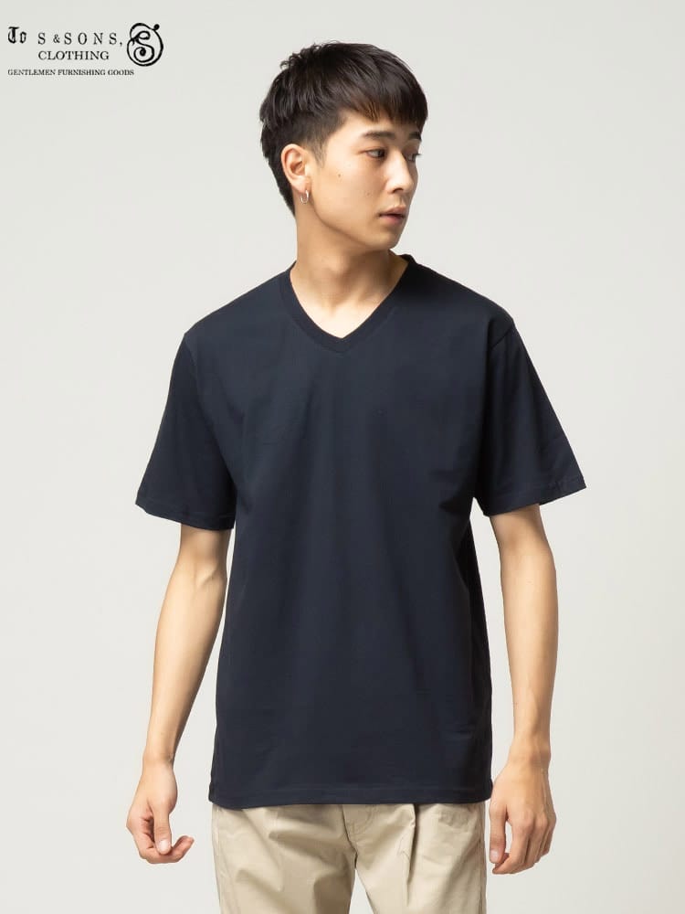 S＆SONS (エスアンドサンズ) 汗染み軽減 無地 Vネック 半袖 Tシャツ