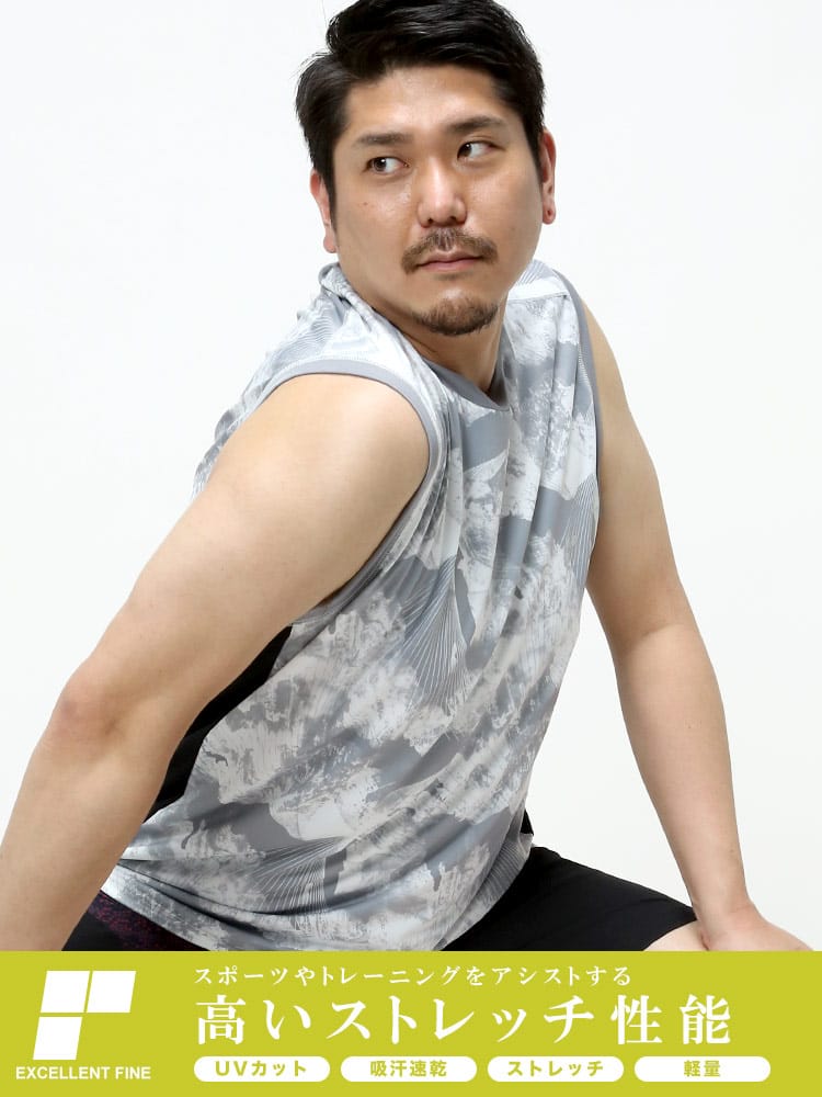 大きいサイズ メンズ EXCELLENT FINE (エクセレントファイン) ストレッチ ドライ UVカット ベア天竺 総柄 クルーネック ノースリーブ Tシャツ