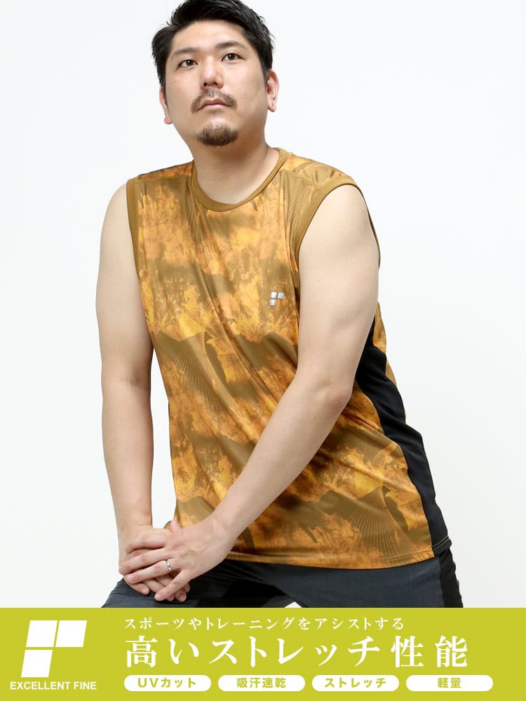 大きいサイズ メンズ EXCELLENT FINE (エクセレントファイン) ストレッチ ドライ UVカット ベア天竺 総柄 クルーネック ノースリーブ Tシャツ