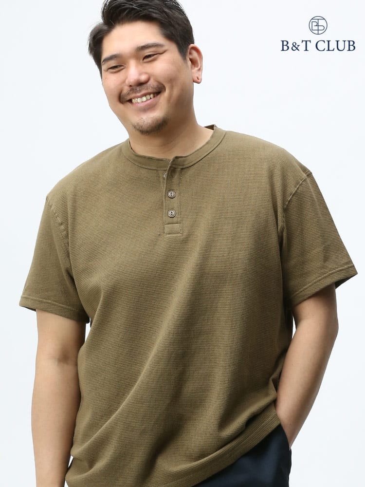 大きいサイズ メンズ B＆T CLUB サーマル ワッフルTシャツ ヘンリーネック 半袖 Tシャツ インナー