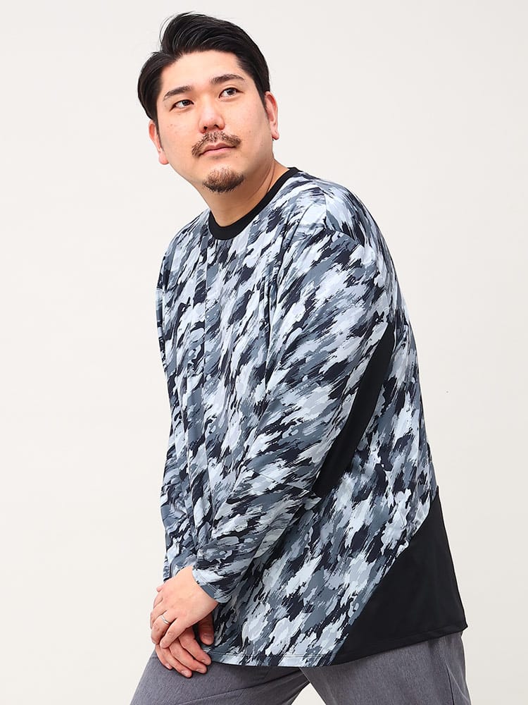 大きいサイズ メンズ EXCELLENT FINE (エクセレントファイン) ストレッチ UVカット ドライ クルーネック 天竺 総柄 長袖 Tシャツ