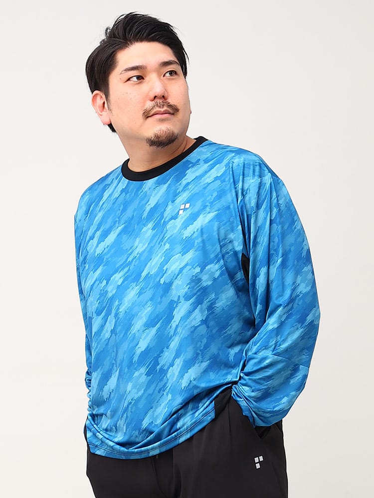大きいサイズ メンズ EXCELLENT FINE (エクセレントファイン) ストレッチ UVカット ドライ クルーネック 天竺 総柄 長袖 Tシャツ
