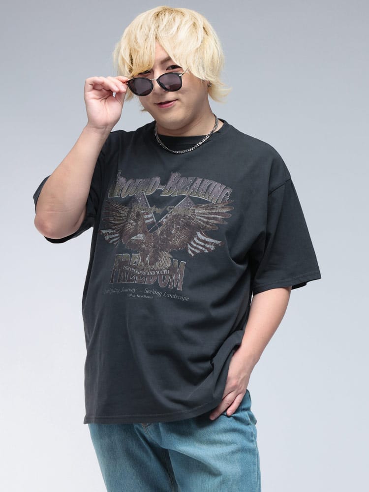 半袖 Tシャツ ピグメント加工 イーグルプリント クルーネック トップス TEE プリントT 大きいサイズ メンズ 