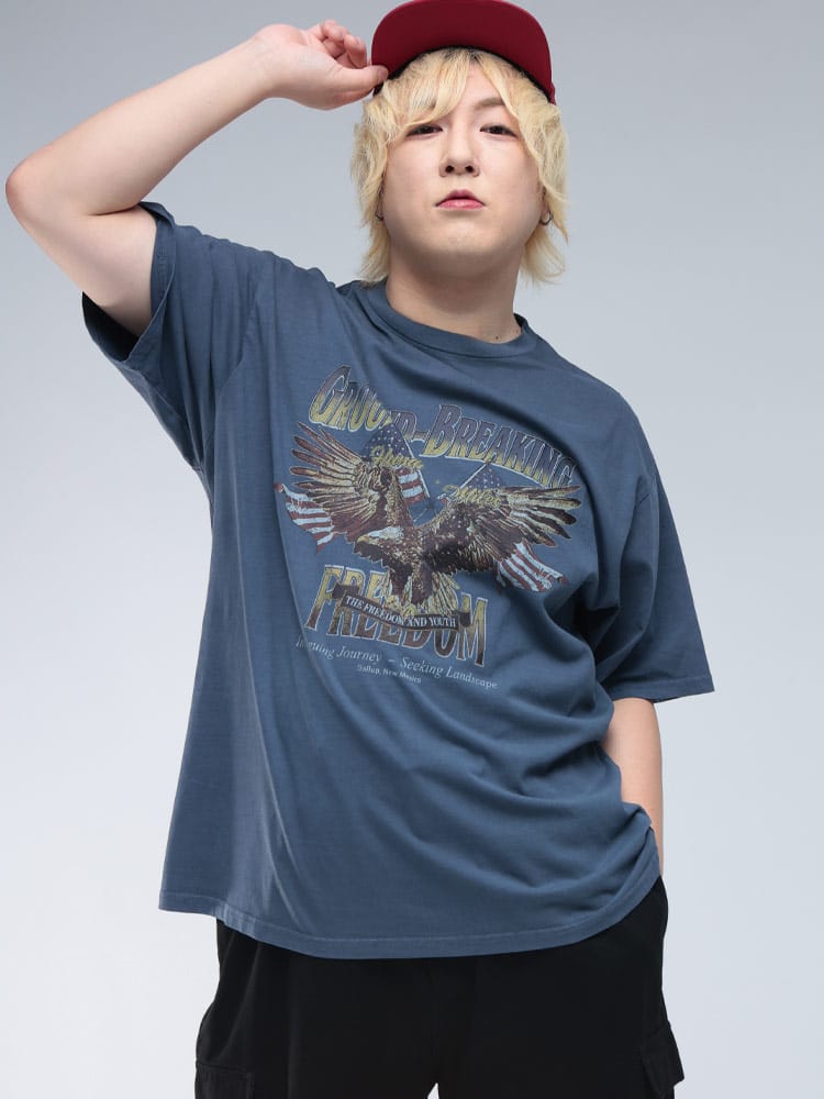 半袖 Tシャツ ピグメント加工 イーグルプリント クルーネック トップス TEE プリントT 大きいサイズ メンズ 