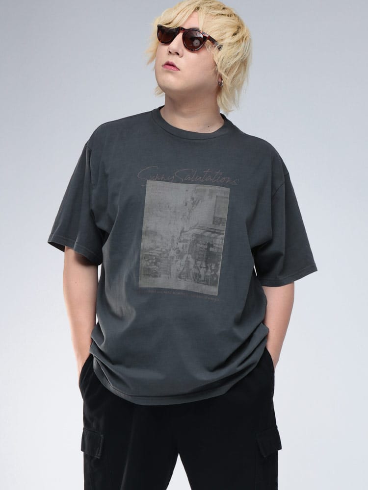 半袖 Tシャツ ピグメント加工 街フォトプリント クルーネック トップス TEE プリントT 大きいサイズ メンズ 