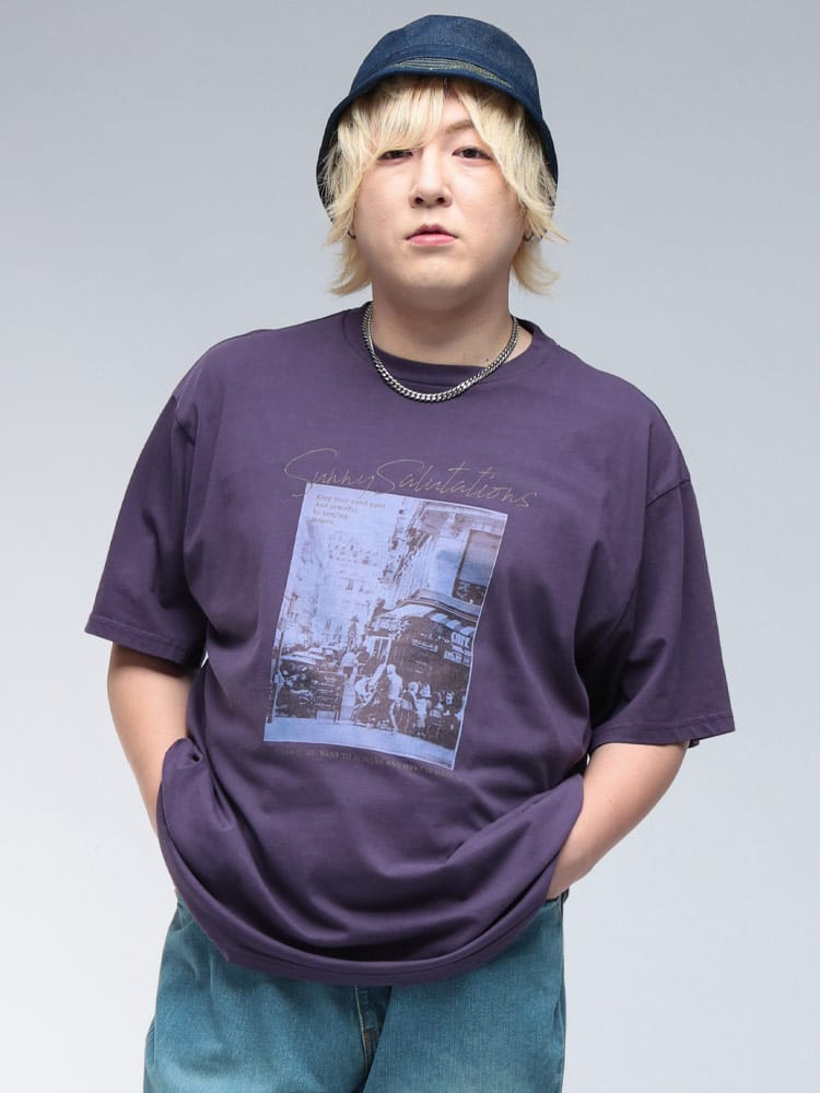 半袖 Tシャツ ピグメント加工 街フォトプリント クルーネック トップス 