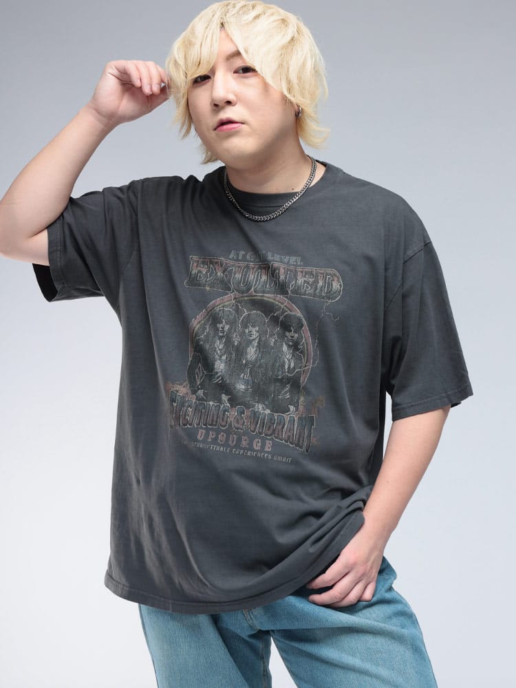 半袖 Tシャツ ピグメント加工 ロックプリント クルーネック トップス TEE プリントT 大きいサイズ メンズ 