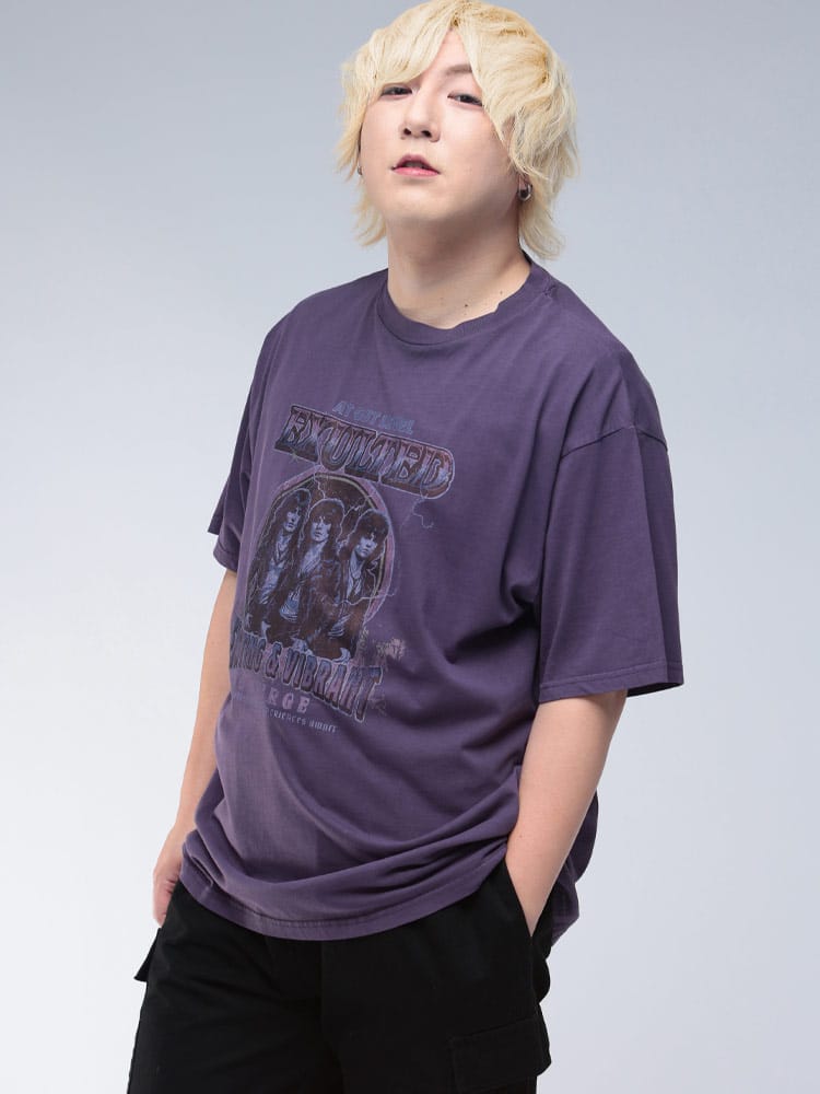 半袖 Tシャツ ピグメント加工 ロックプリント クルーネック トップス TEE プリントT 大きいサイズ メンズ 