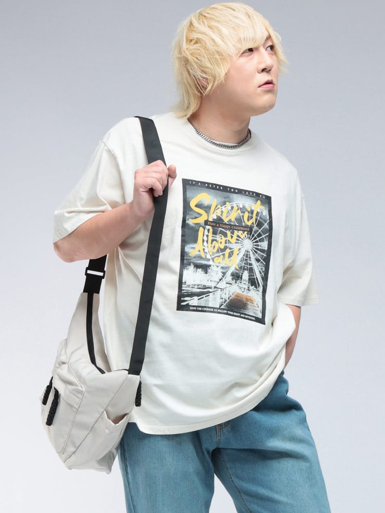 半袖 Tシャツ ピグメント加工 風景フォトプリント クルーネック トップス TEE プリントT 大きいサイズ メンズ 