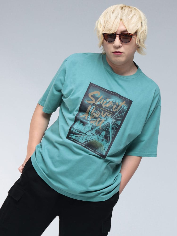 半袖 Tシャツ ピグメント加工 風景フォトプリント クルーネック トップス TEE プリントT 大きいサイズ メンズ 
