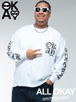 ALL OKAY 長袖 Tシャツ オールドイングリッシュ ロゴ プリント トップス ロンT 袖プリント ストリート ヒップホップ ビックシルエット 大きいサイズ メンズ