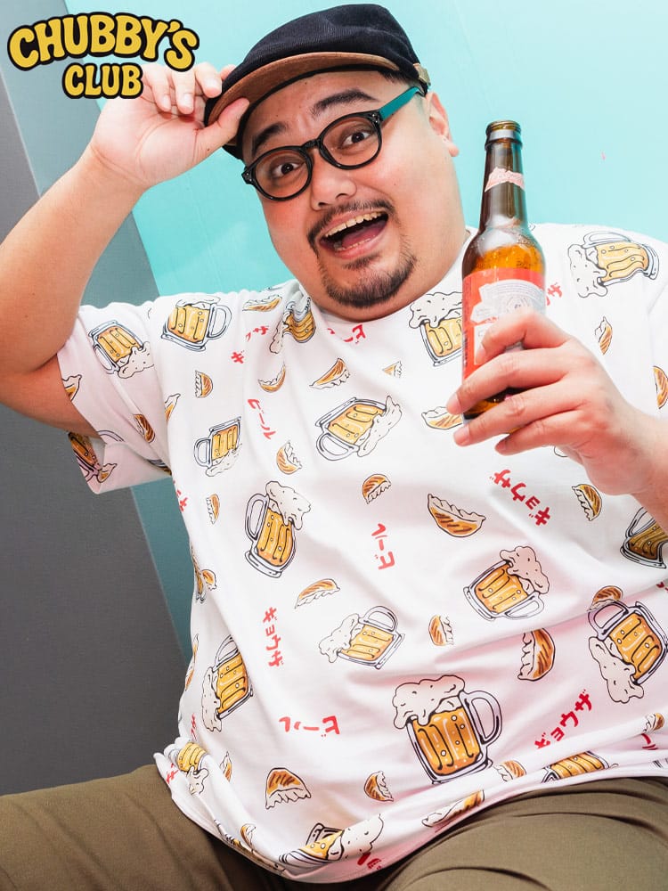 半袖 Tシャツ 餃子×ビール プリント クルーネック トップス 総柄 コットン 春 夏 大きいサイズメンズ