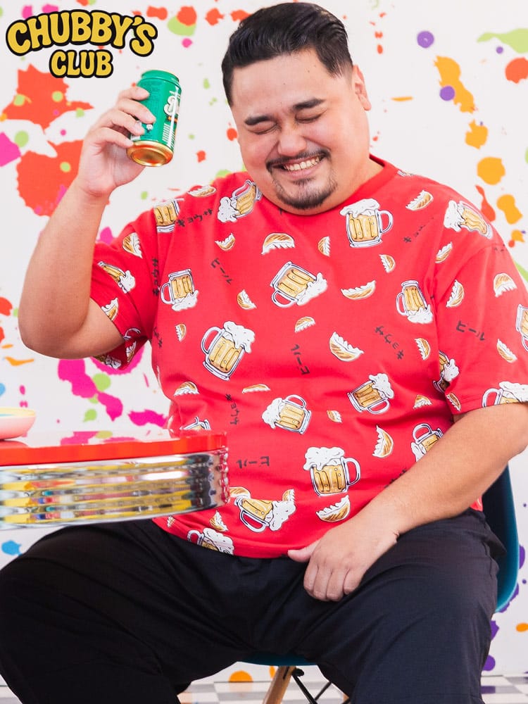 半袖 Tシャツ 餃子×ビール プリント クルーネック トップス 総柄 コットン 春 夏 大きいサイズメンズ