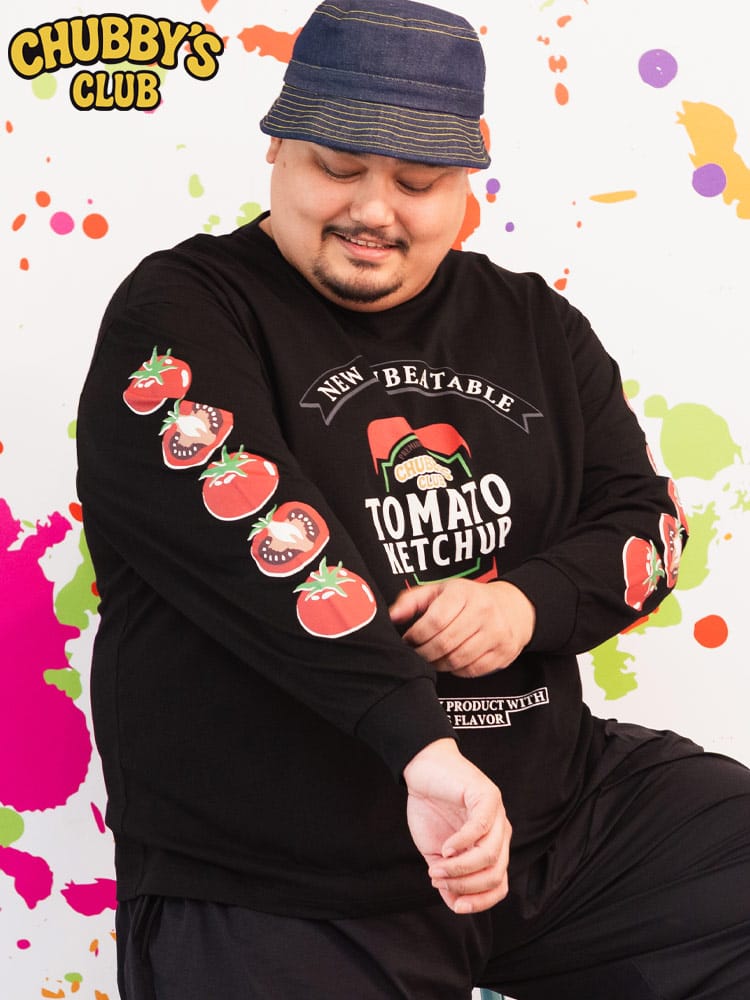 長袖 Tシャツ ケチャップ×トマト プリント クルーネック トップス ロンT コットン 春 夏 大きいサイズメンズ