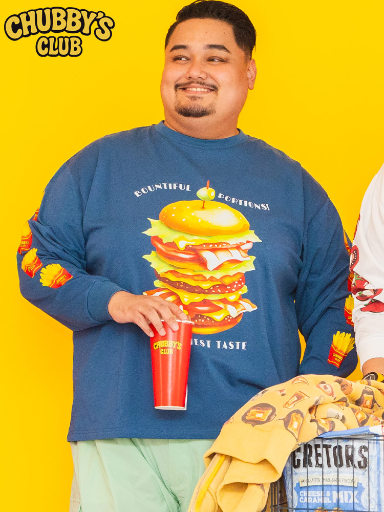 長袖 Tシャツ バーガー×ポテト プリント クルーネック トップス ロンT コットン 春 夏 大きいサイズメンズ