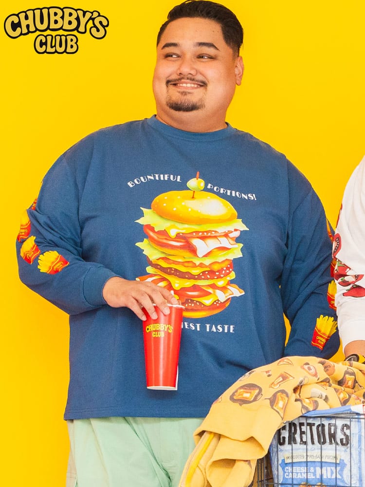 長袖 Tシャツ バーガー×ポテト プリント クルーネック トップス ロンT コットン 春 夏 大きいサイズメンズ