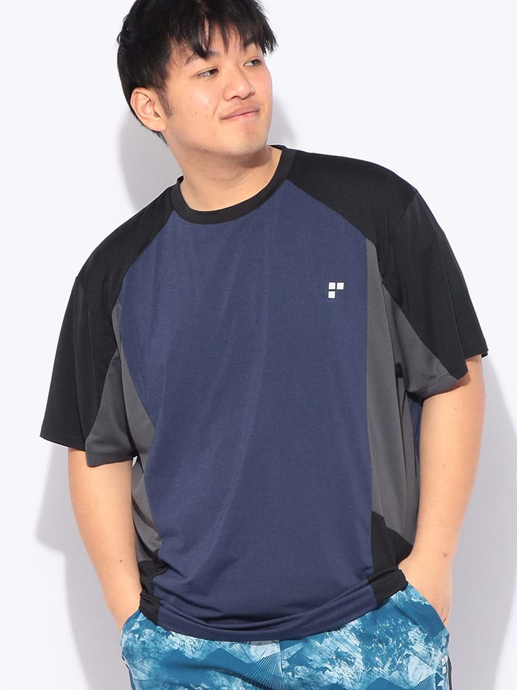 Tシャツ 半袖 カチオン杢 切替 メンズ 大きいサイズ 接触冷感 ドライ ストレッチ UVカット クルーネック カットソー スポーツ アクティブ アウトドア ムーブ