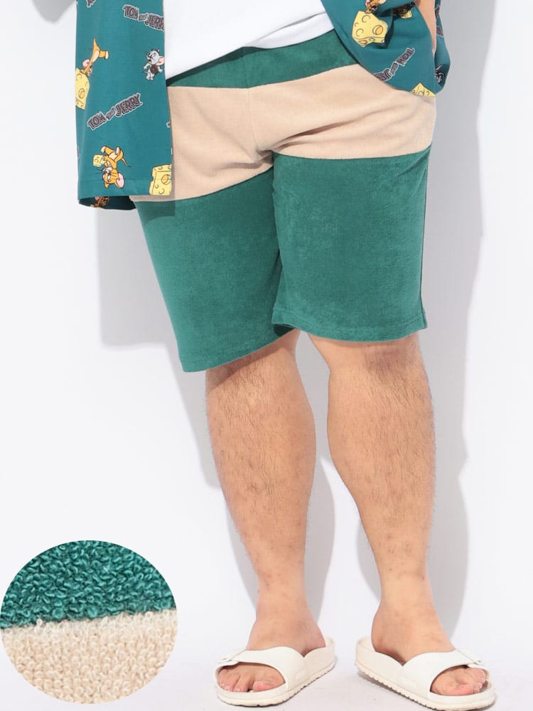 ショート パンツ パイル メンズ 大きいサイズ ストレッチ 切替配色 パイルショーツ ボトムス ハーフパンツ 短パン 柄 タオル地 伸びる 部屋着 春 夏
