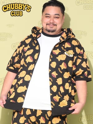 パーカー 半袖 メンズ 大きいサイズ たいやき 総柄 ジップパーカー トップス ポケット 柄 フルジップ フード 裏毛