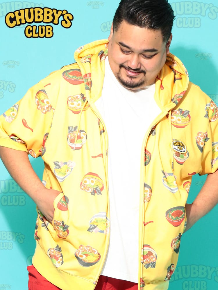 パーカー 半袖 メンズ 大きいサイズ ラーメン総柄 ポケット付き ジップアップ Tパーカー トップス コットン 綿 裏毛 ジップパーカー フード 柄 部屋着 ルームウェア 春 夏