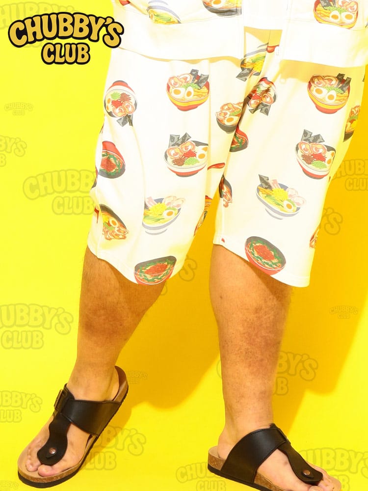 ショートパンツ メンズ 大きいサイズ ラーメン総柄 ポケット付き ショート丈 パンツ ボトムス ショーツ ハーフパンツ 裏毛 柄 部屋着 ルームウェア 春 夏
