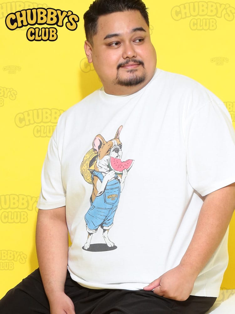 Tシャツ 半袖 メンズ 大きいサイズ ブルドッグ×スイカ プリント クルーネック カットソー トップス コットン 綿 丸首 柄 部屋着 ルームウェア 春 夏