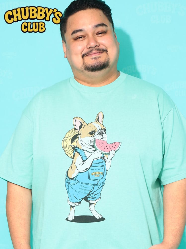 Tシャツ 半袖 メンズ 大きいサイズ ブルドッグ×スイカ プリント クルーネック カットソー トップス コットン 綿 丸首 柄 部屋着 ルームウェア 春 夏
