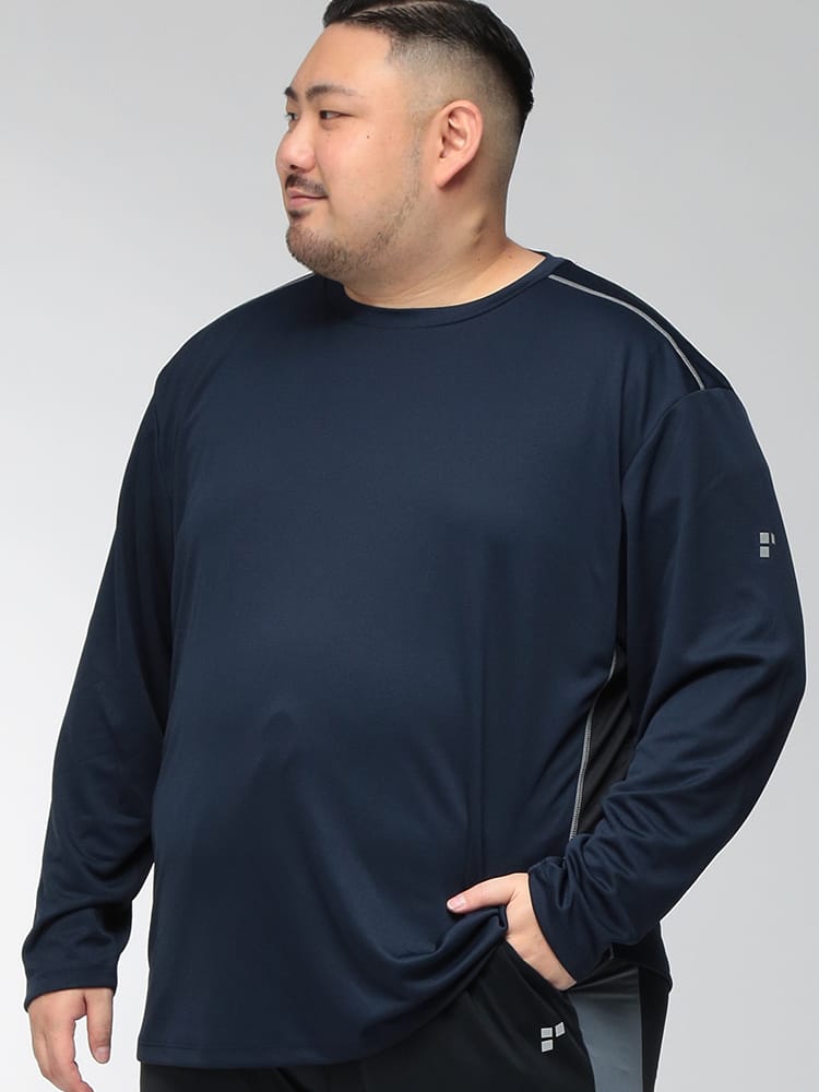 Tシャツ 長袖 メンズ 大きいサイズ ストレッチ 速乾 ハニカムメッシュ 裾ラインロゴ クルーネック カットソー トップス ロンT プリント スポーツ ランニング ジム トレーニング 作業着 秋 冬 春